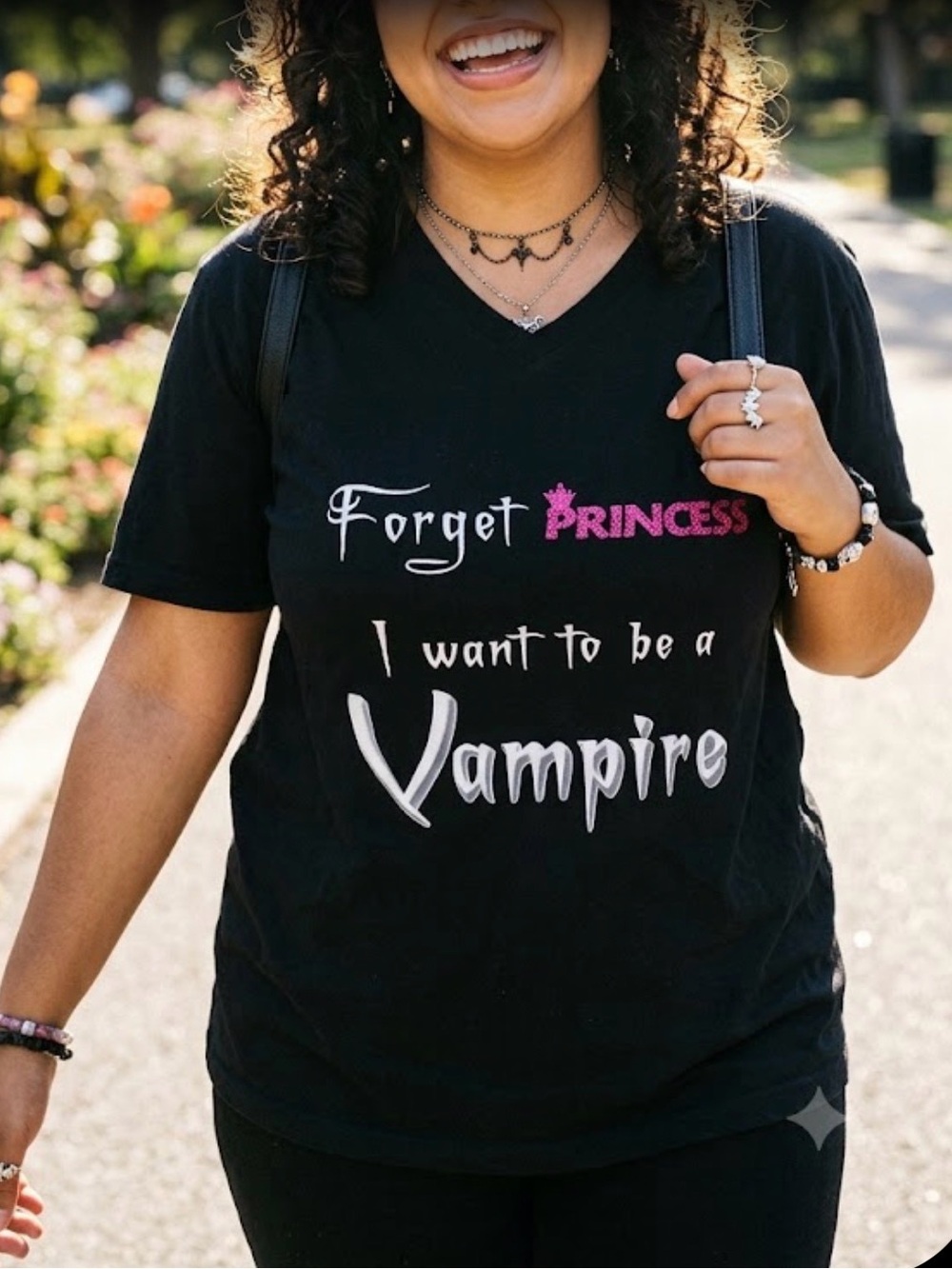 Forget Princess I Want to Be a Vampire Graphic V-Neck Tee - Black